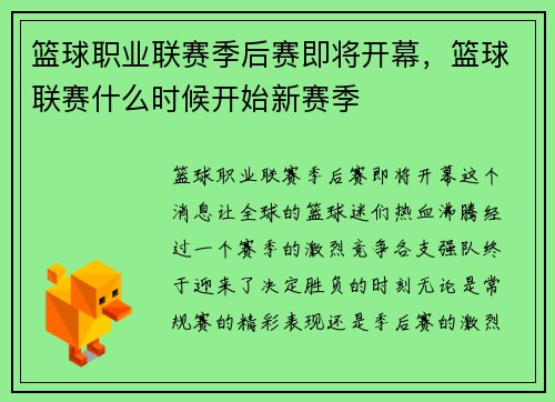 篮球职业联赛季后赛即将开幕，篮球联赛什么时候开始新赛季